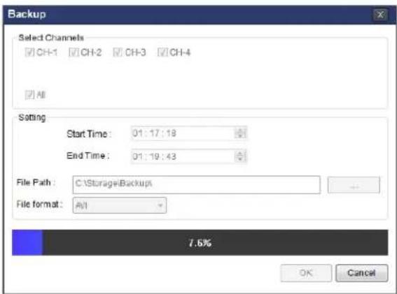 Backup Select Channels CH-1 CH-2 CH-3 CH-4 All Setting Start Time: 01:17:18 End Time: 01:19:43 File Path: C:\Storage\Backup\ File format: All 7.6% OK Cancel