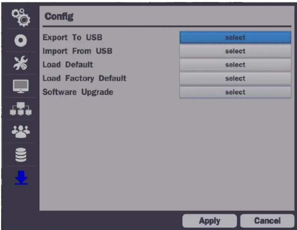 Config Export To USB Import From USB Load Default Load Factory Default Software Upgrade select select select select select Apply Cancel