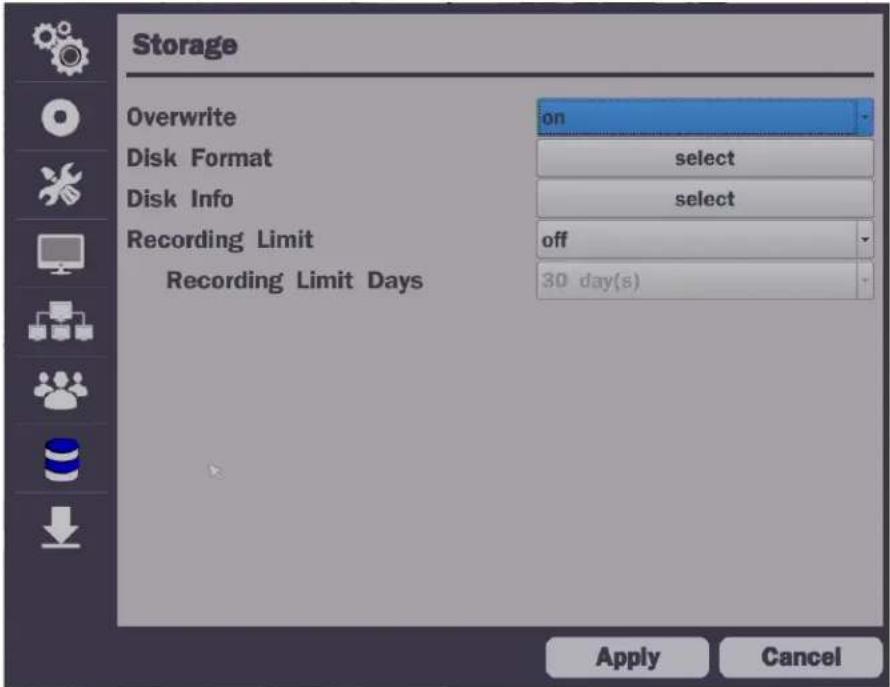 Storage Overwrite on Disk Format select Disk Info select Recording Limit off Recording Limit Days 30 day(s) Apply Cancel