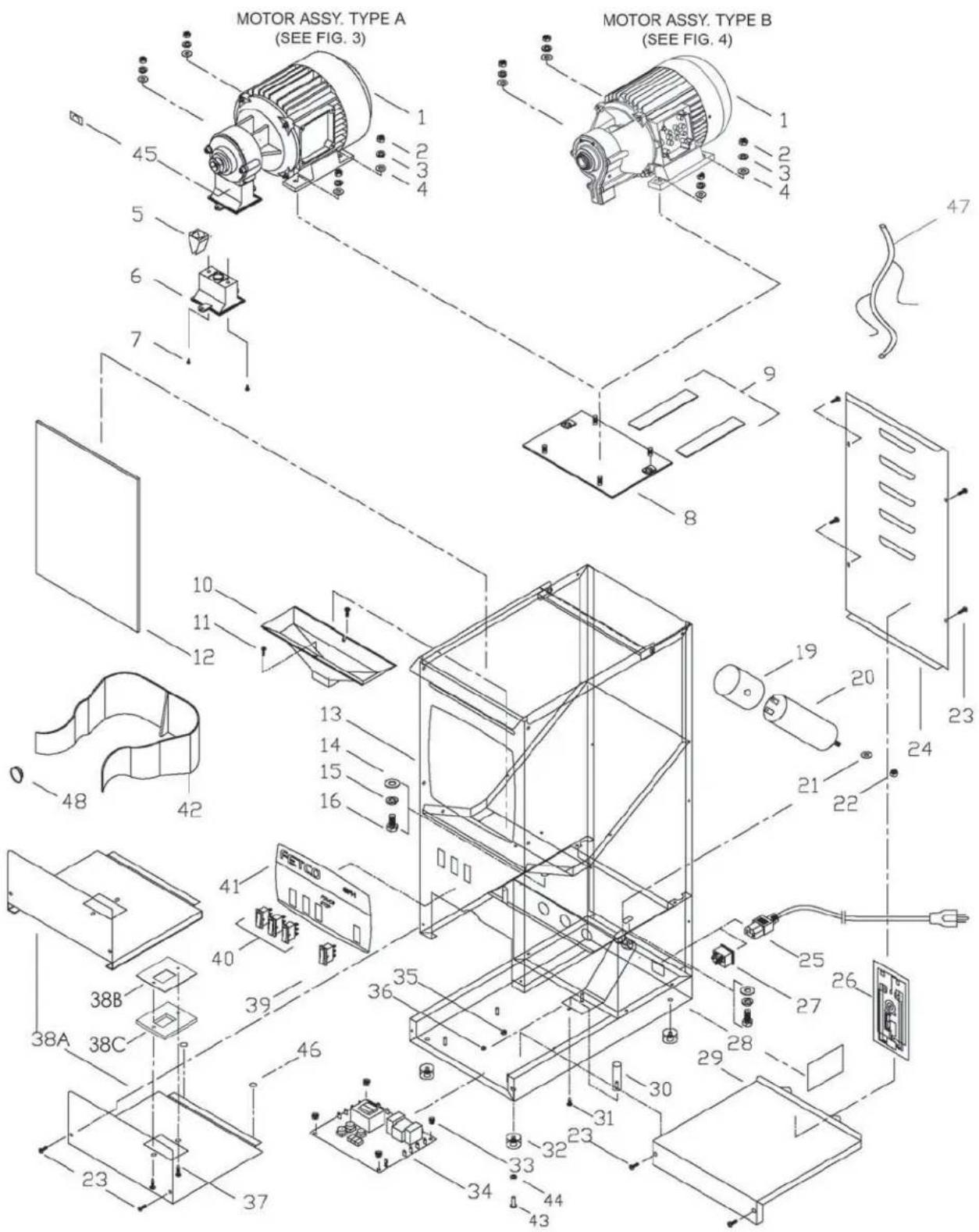 MOTOR ASSY. TYPE A (SEE FIG. 3) MOTOR ASSY. TYPE B (SEE FIG. 4) 1 2 3 4 5 6 7 8 9 10 11 12 13 14 15 16 19 20 21 22 23 24 25 26 27 28 29 30 31 32 33 34 35 36 37 38A 38B 38C 40 41 42 43 44 45 46 47