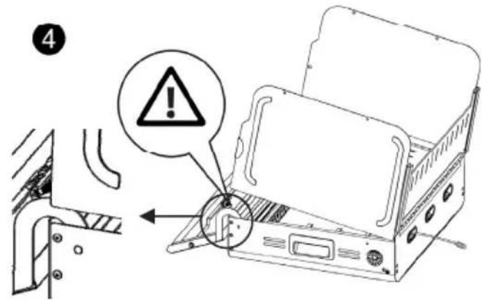 Diagram showing a device with warning symbol and labeled component, likely illustrating a mechanical or electrical hazard.
