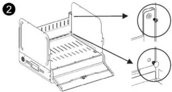 Technical diagram of a printer with labeled parts and close-up insets showing internal components