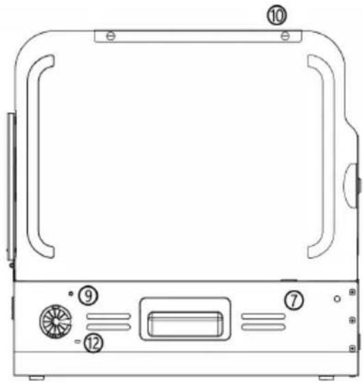 Technical diagram of a device casing with numbered components and labeled parts