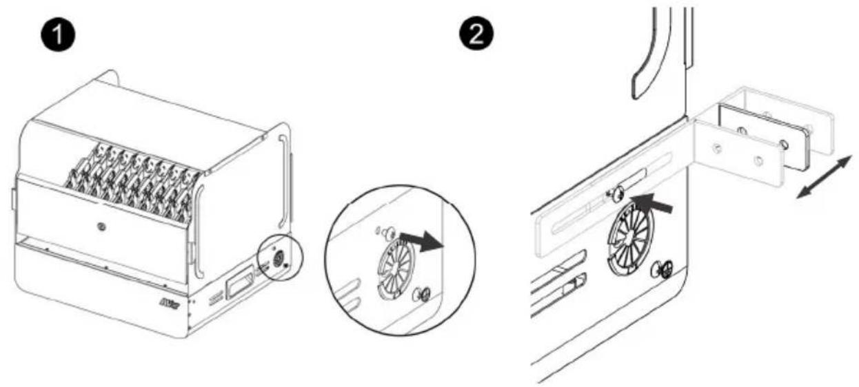 Technical diagram showing three stages of a device with labeled components and directional arrows indicating motion or assembly.