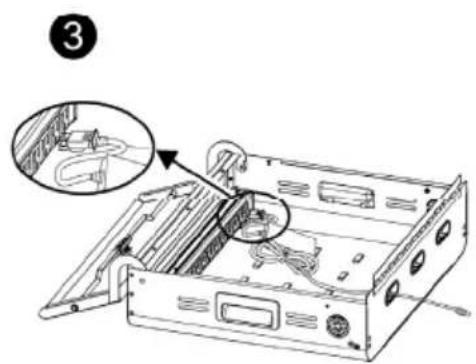 Technical diagram of a computer case with labeled components and an inset showing internal wiring or wiring connections.