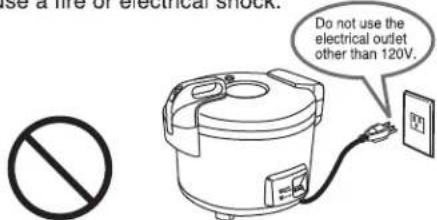 Use a fire or electrical shock. Do not use the electrical outlet other than 120V.