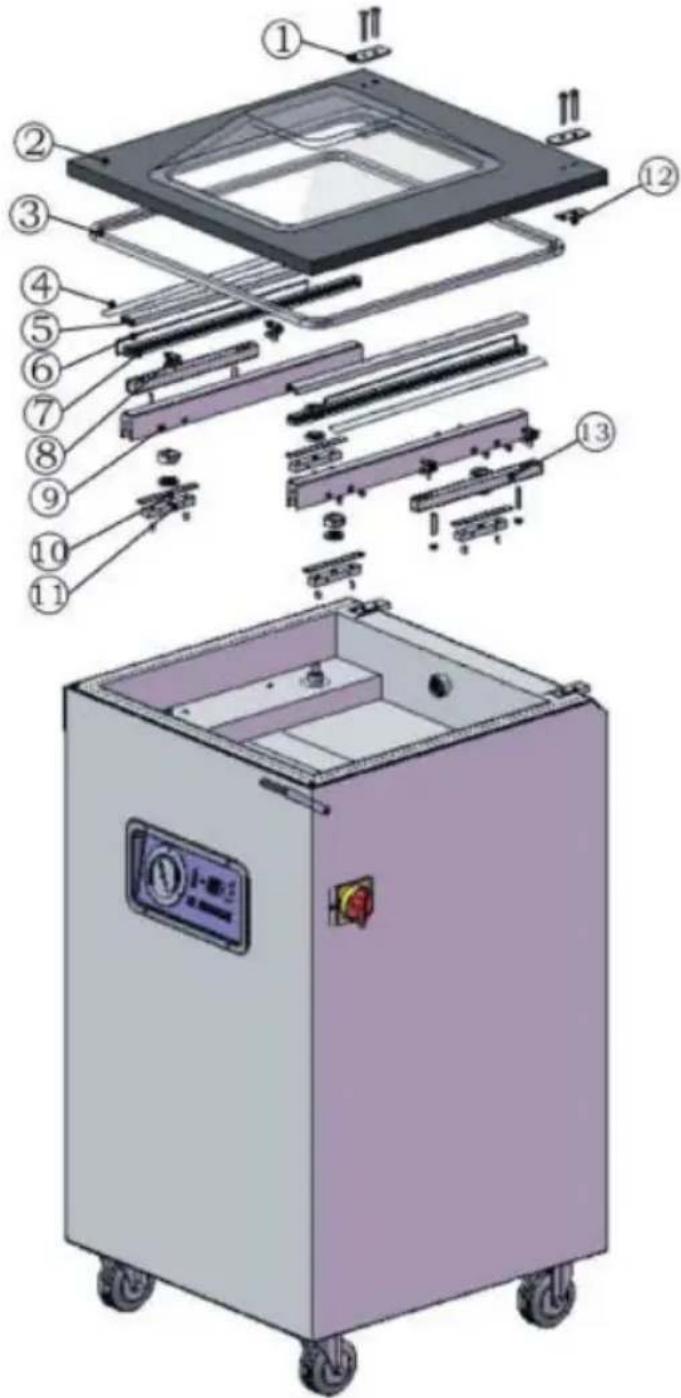 Exploded view diagram of a machine with numbered parts for identification and assembly reference.