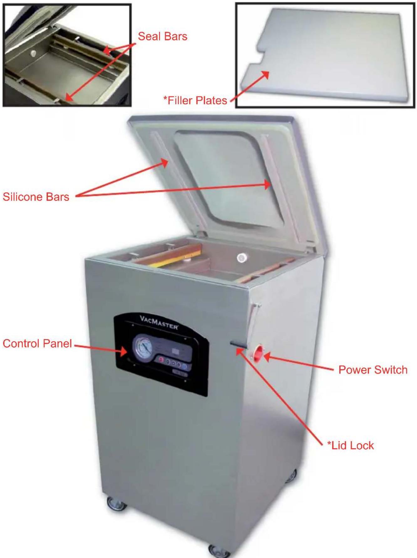 Seal Bars *Filler Plates Silicone Bars Control Panel VACMASTER Power Switch *Lid Lock