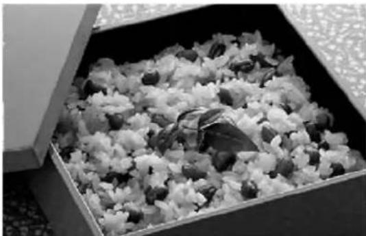 Black-and-white photo of a box filled with cooked rice, showing crumbly and uncooked pieces (no text or symbols visible)