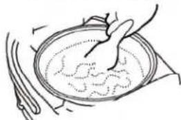 Simple line drawing of a bowl with liquid and a spoon, no text or symbols present
