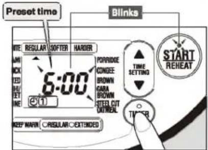 Preset time Blinks 5:00 1 NEEER MARGIN C/REGULAR EXTENDED PORRIDGE CONGEE BROWN CABA BROWN STEEL CUT OUTREAL TIME SETTING START REHEAT
