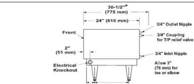 30-1/2"* (775 mm) 24" (610 mm) Front 2" (51 mm) Electrical Knockout 3/4" Outlet Nipple 3/4" Coupling for T/P relief valve 3/4" Inlet Nipple Allow 3" (76 mm) for tee or elbow