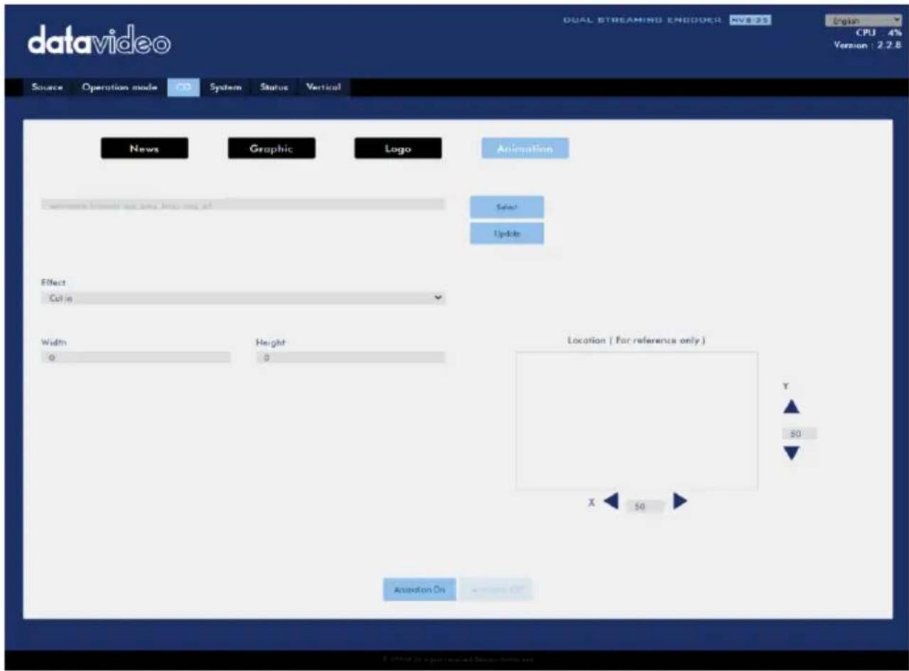 datavideo Dual STREAMING ENCODER - NEDS Engine CPU 4% Version: 2.2.8 Source Operation mode OS System Status Vertical News Graphic Logo Animation Selection Update Effect Color Width Height Location ( For reference only ) 0 0 Y 50 X 50 Animation On