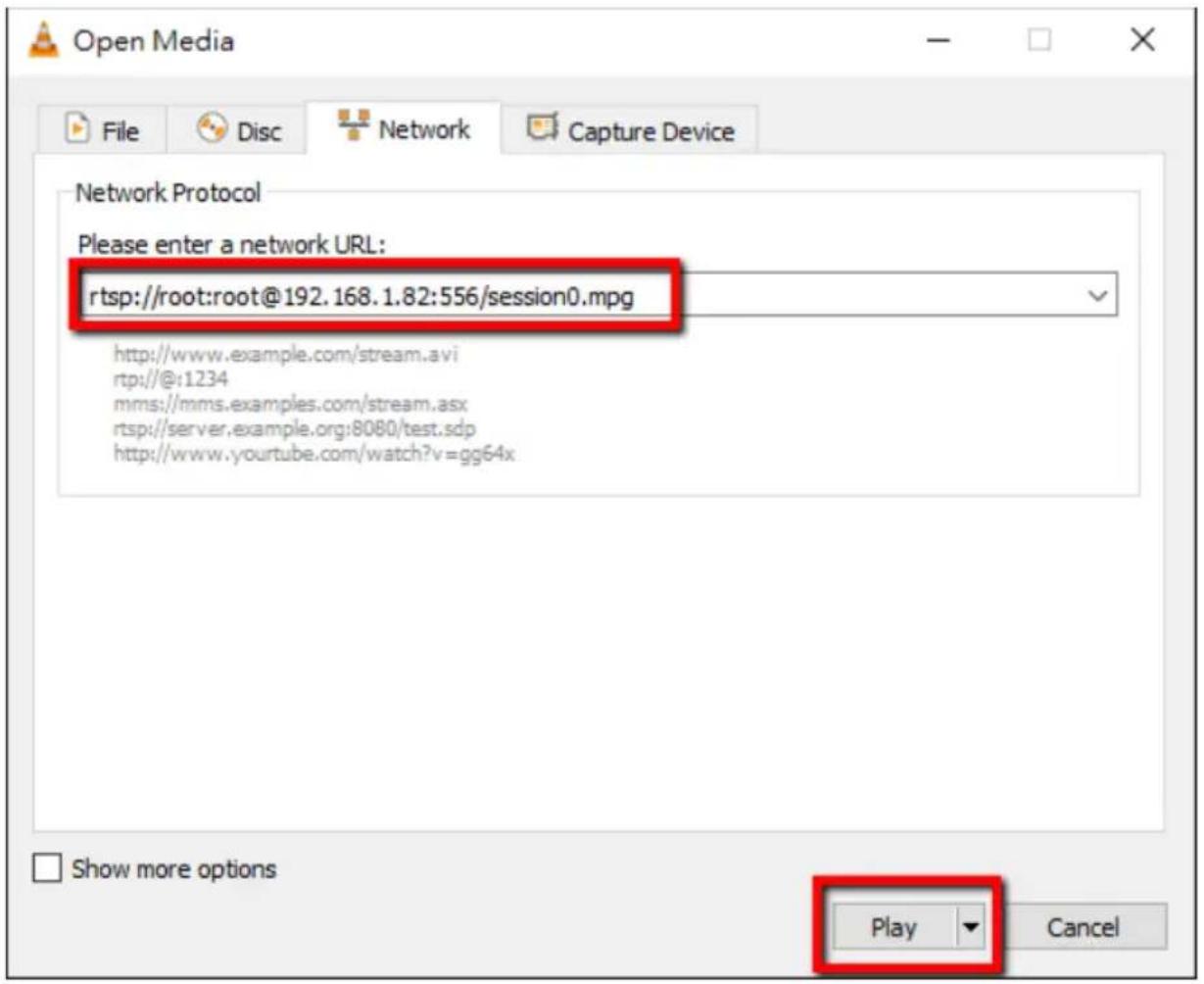 Open Media File Disc Network Capture Device Network Protocol Please enter a network URL: rtsp://root:root@192.168.1.82:556/session0.mpg http://www.example.com/stream.avi rtp://@:1234 mms://mms.examples.com/stream.asx rtsp://server.example.org:8080/test.sdp http://www.yourtube.com/watch?v=gg64x Show more options Play Cancel
