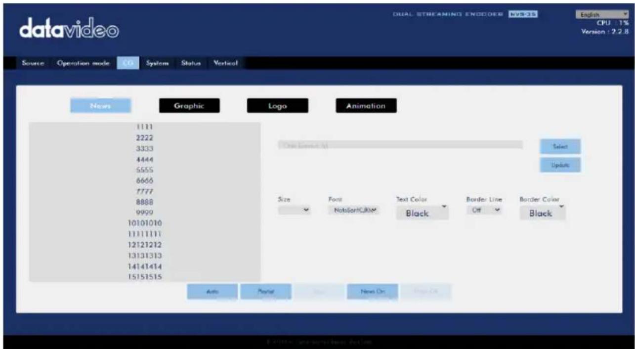 datavideo DUAL STREAMING ENCODEER - MY503 English CPU: 1% Version: 2.2.8 Source Operation mode CO System Status Vertical News Graphic Logo Animation 1111 2222 3333 4444 5555 6666 7777 8888 9999 10101010 11111111 12121212 13131313 14141414 15151515 One Document AI Select Update Size Font Text Color Border Line Border Color NotoSoftCJKM Black Off Black Auto Master Excel News On Mega OK