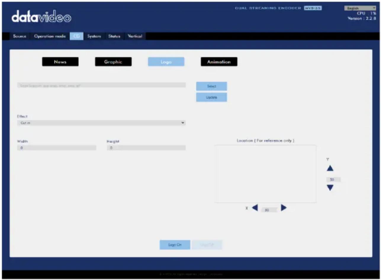 datavideo DUAL STREAMING ENCODER v8.035 English CPU : 1% Version : 2.2.8 Source Operation mode CG System Status Vertical News Graphic Logo Animation User budget for this image is Select Update Effect Cut in Width Height Location [ For reference only ] 0 0 Location X 50 Logo On