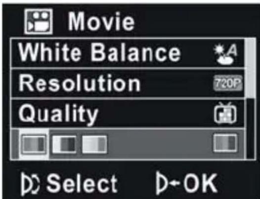 Movie White Balance Resolution 720F Quality Select OK
