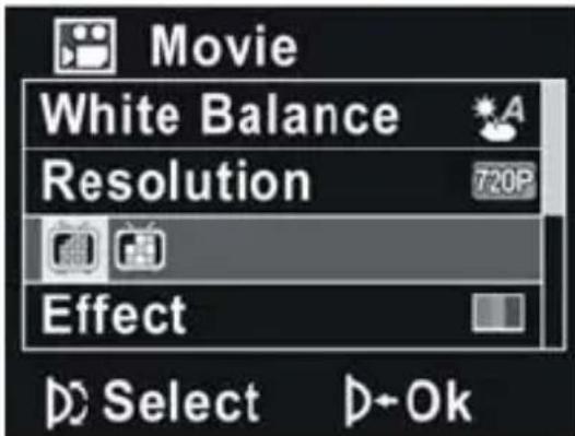 Movie White Balance Resolution 720P Effect Select D-Ok