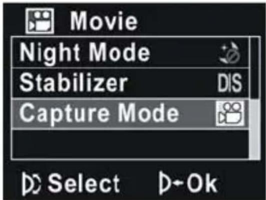Movie Night Mode Stabilizer DIS Capture Mode Select Ok