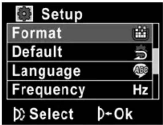 Setup Format Default Language Frequency Hz Select D+Ok