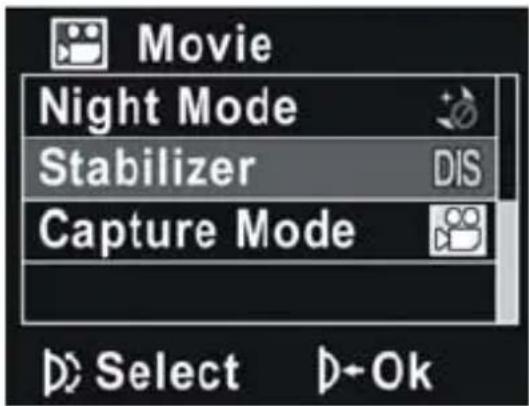 Movie Night Mode Stabilizer DIS Capture Mode Select OK