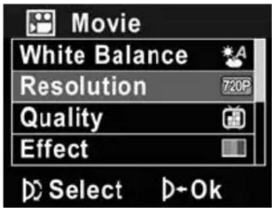 Movie White Balance Resolution 720P Quality Effect Select D+Ok
