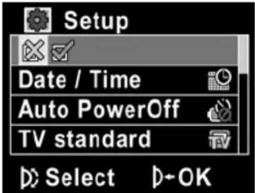 Setup Date / Time Auto PowerOff TV standard Select OK