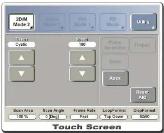 2D/M Mode 2 Color Single 1 PV Mode 1 PD Mode Utility Tissue Cystic Speed 180 Pulse Inversion Trapez. Street Apex Reset AIO Scan Area 100 % Scan Angle 0 [Deg] Frame Rate Fast LoopFormat Top Down DispFormat 50/50 Touch Screen