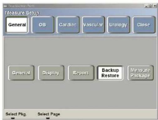Measure Setup General OB Cardiac Vascular Urology Close General Display Report Backup Restore Measure Package Select Pkg. Select Page
