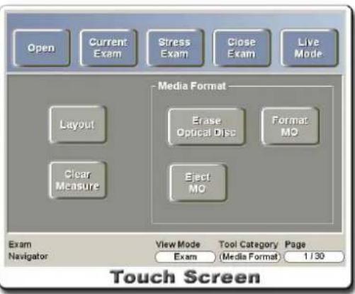 Open Current Exam Stress Exam Close Exam Live Mode Media Format Layout Clear Measure Erase Optical Disc Format MO Eject MO Exam Navigator View Mode Tool Category Page Exam (Media Format) 1/30 Touch Screen