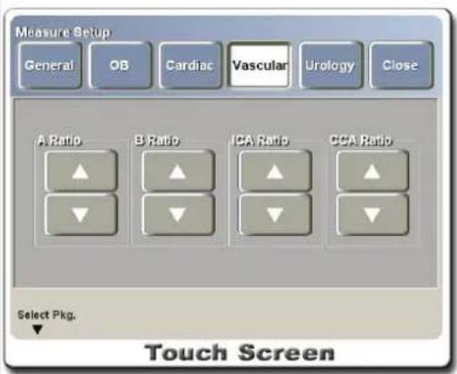 Measure Setup General OB Cardiac Vascular Urology Close A Ratio B Ratio ICA Ratio CCA Ratio Select Pkg. Touch Screen