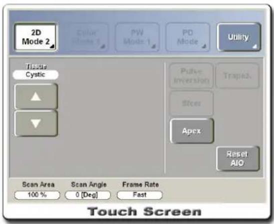 2D Mode 2 Color Mode 1 PW Mode 1 PD Mode Utility Tissue Cystic Pulse Inversion Trapez Steer Apex Reset AIO Scan Area Scan Angle Frame Rate 100 % 0 [Deg] Fast Touch Screen