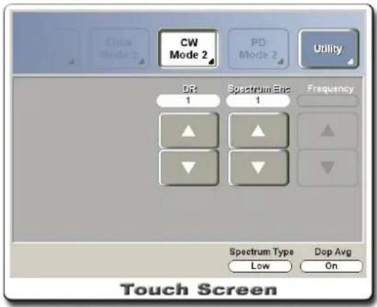Cave Mode 2 CW Mode 2 PD Mode 2 Utility DR 1 Spectrum End 1 Frequency ▲ ▲ ▼ ▼ Spectrum Type Low Dop Avg On Touch Screen