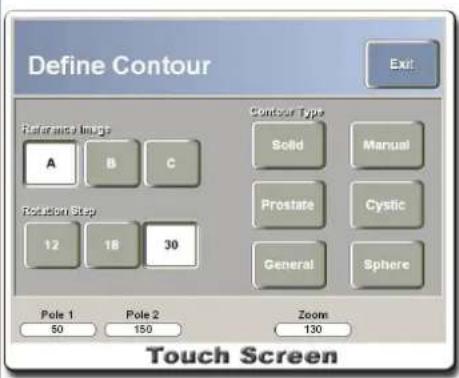 Define Contour Exit Reference Image A B C Rotation Step 12 18 30 Contour Type Solid Manual Prostate Cystic General Sphere Pole 1 Pole 2 Zoom 50 150 130 Touch Screen