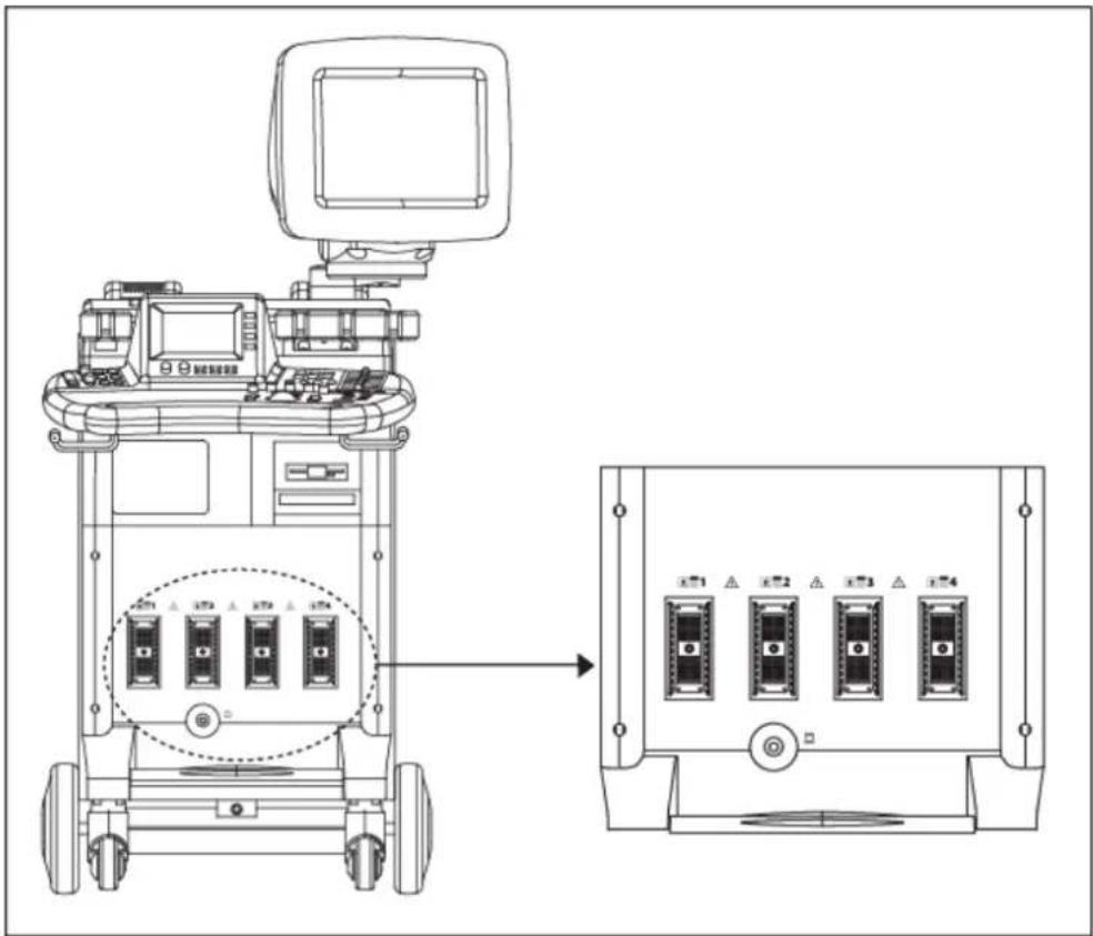 Technical diagram of a mobile device with labeled components and an inset view showing internal circuit modules.