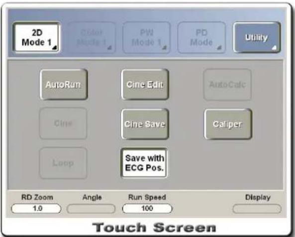 2D Mode 1 Color Mode 1 PW Mode 1 PD Mode Utility AutoRun Cine Edit AutoCalc Cine Cine Save Caliper Loop Save with ECG Pos. RD Zoom Angle Run Speed Display 1.0 100 Touch Screen