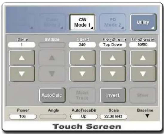 Color Mode 2 CW Mode 1 PD Mode 2 Utility Filter 1 SV Size Speed 240 LoopFormat Top Down DispFormat 50/50 AutoCalc Mean Trace Invert Steer Power Angle AutoTraceDir Scale Baseline 100 Up 22.00 kHz Touch Screen