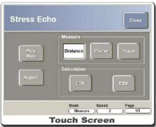 Stress Echo Close Measure Distance Ellipse Trace Calculation EDV ESV Mode Speed Page Measure 2 1/1 Touch Screen