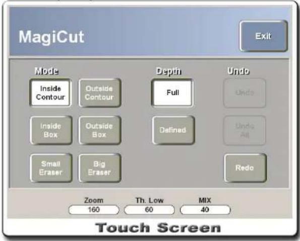 MagiCut Exit Mode Inside Contour Outside Contour Depth Full Undo Undo Inside Box Outside Box Defined Undo All Small Eraser Big Eraser Redo Zoom Th. Low MIX 160 60 40 Touch Screen