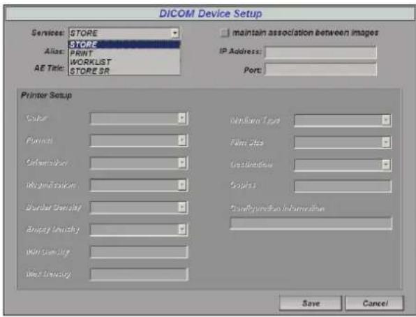 DICOM Device Setup Services: STORE Alias: STORE PRINT WORKLIST AE Title: WORKLIST STORE SR maintain association between images IP Address: Port: Printer Setup Color: Printed: Orientation: Weighted Edition: Border Color: Angle: Unifing Skin: Unifing Need: Unifing Medium Type: Film Bits: Installation: Copets: Configuration Information: Save Cancel