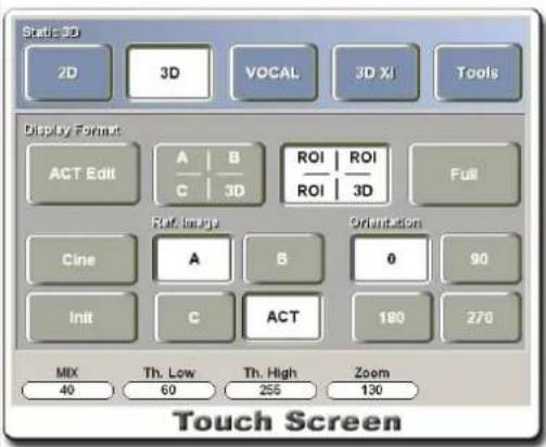 Static 3D 2D 3D VOCAL 3D XI Tools Display Format: ACT Edit A B ROI ROI Full C 3D ROI 3D Ref: Image Orientation Cine A B 0 90 Init C ACT 180 270 MIX Th. Low Th. High Zoom 40 60 255 130 Touch Screen
