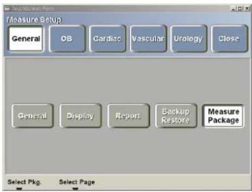 Measure Setup General OB Cardiac Vascular Urology Close General Display Report Backup Restore Measure Package Select Pkg. Select Page