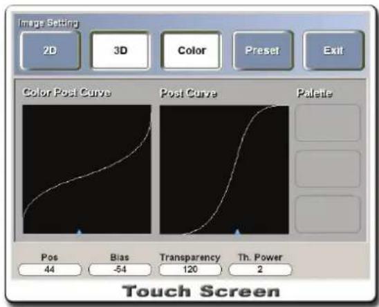 Image Setting 2D 3D Color Preset Exit Color Post Curve Post Curve Palette Pos Bias Transparency Th. Power 44 -54 120 2 Touch Screen