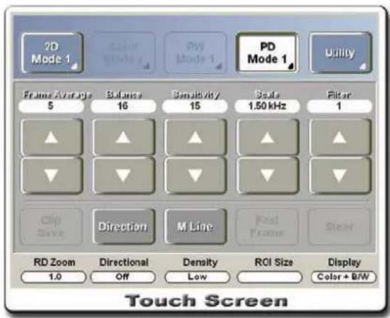 2D Mode 1 Color Mode 1 Ply Mode 1 PD Mode 1 Utility Frame Average 5 Balance 16 Sensitivity 15 Beta 1.50 kHz Filter 1 Clip Save Directional M Line Fast Frame Steel RD Zoom 1.0 Directional Off Density Low ROI Size Display Color + B/W Touch Screen