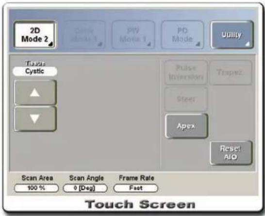 2D Mode 2 Candle abcate 1 PIV Mode 1 PD Mode Utility Tissue Cystic Pulse Intervention Trapex Steer Apex Reset AIO Scan Area Scan Angle Frame Rate 100 % 0 [Deg] Fact Touch Screen