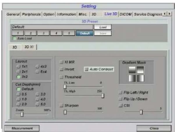 Setting General | Peripherals | Option | Information | Misc. | 3D | Live 3D | DICOM | Service Diagnost | 3D Preset Default Load 1 2 3 4 5 Default Save Auto Load 3D 3D X1 Layout 1x1 4x3 2x1 6x4 3x2 Cut Depth(mm) Default 0.5 3.0 1.0 4.0 2.0 5.0 Zoom 100% XI MR Invert Auto Contrast Threshold Th. Lim 0 Th. High 255 Sharpon 100 Gradient Mask Flip Left / Right Flip Up / Down CSI 5 Measurement Close