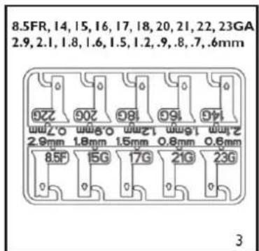 8.5FR, 14, 15, 16, 17, 18, 20, 21, 22, 23GA 2.9, 2.1, 1.8, 1.6, 1.5, 1.2, .9, .8, .7, .6mm 220 46 160 180 206 200 2.9mm 1.8mm 1.5mm 0.8mm 0.6mm 21W 15W 17G 21G 23G 8.5F 15G 17G 21G 23G 3