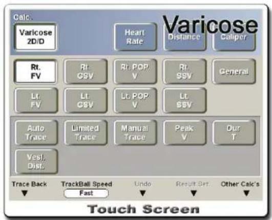 Calc. Varicose 2D/D Heart Rate Distance Caliper Rt. FV Rt. CSV Rt. POP V Rt. SSV General Lt. FV Lt. CSV Lt. POP V Lt. SSV Auto Trace Limited Trace Manual Trace Peak V Dur T Vesi, Dist. Trace Back TrackBall Speed Fast Undo Result Set Other Calc's Touch Screen