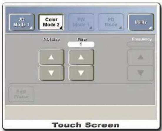 2D Mode 1 Color Mode 2 PW Mode 1 PD Mode Utility ROI Mode Filter 1 Frequency ▲ ▲ ▼ ▼ First Phone Touch Screen