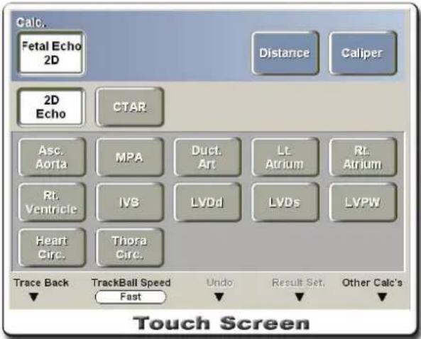 Calc. Fetal Echo 2D Distance Caliper 2D Echo CTAR Asc. Aorta MPA Duct. Art Lt. Atrium Rt. Atrium Rt. Ventricle IVS LVDd LVDs LVPW Heart Circ. Thora Circ. Trace Back TrackBall Speed Fast Undo Result Set. Other Calc's Touch Screen